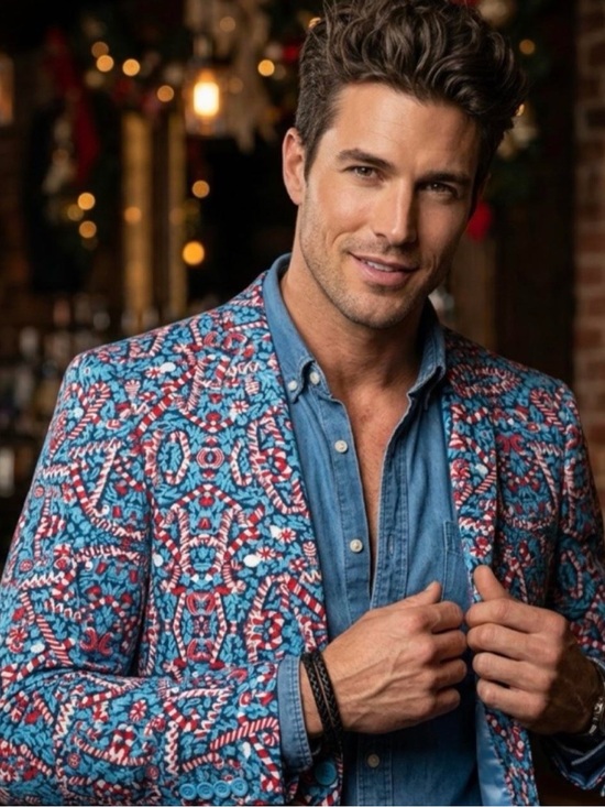 Suslo Couture Other - Suslo Men’s Blue & Red Candy Cane Christmas Blazer Jacket size 40M